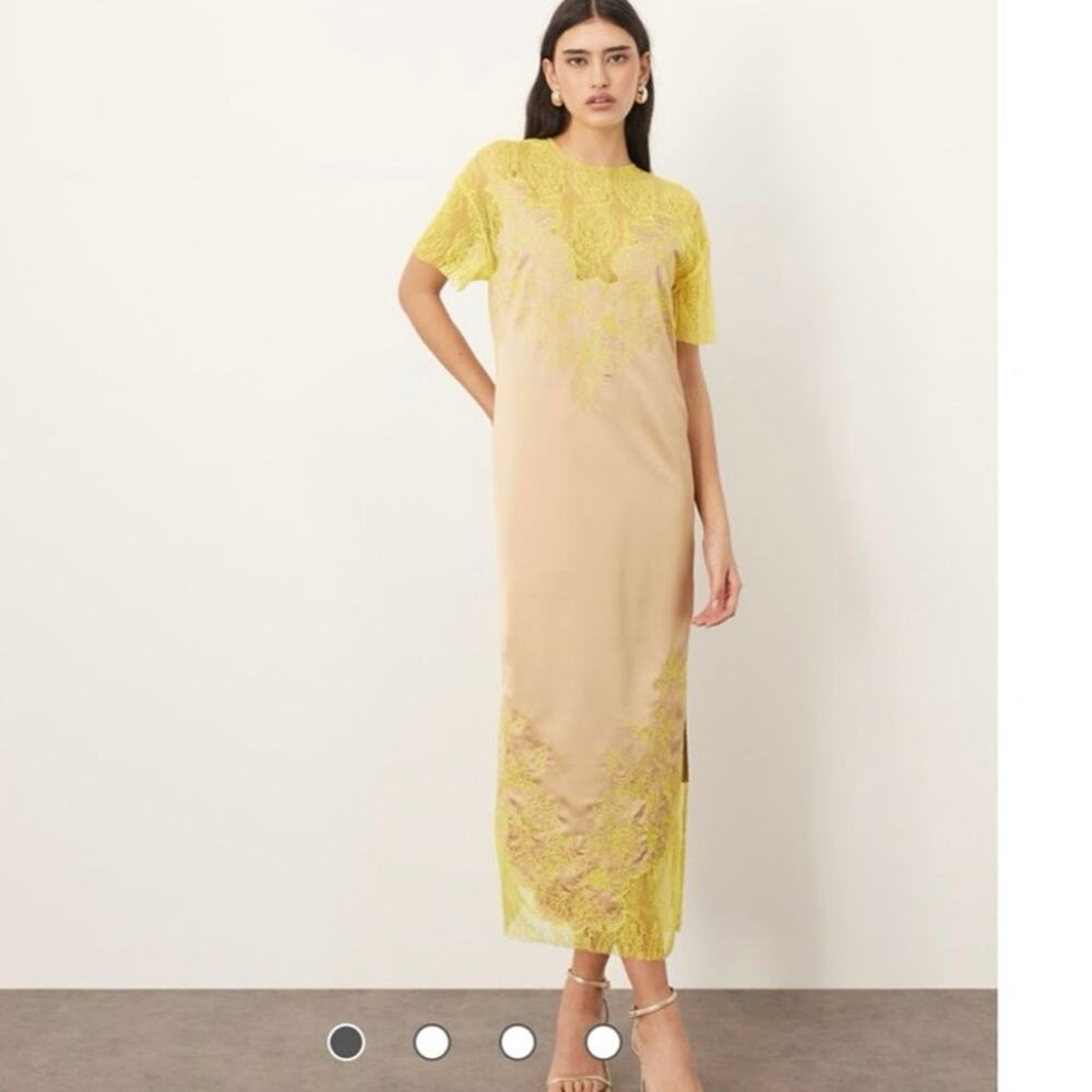 ASOS ARRANGE satin embroidered lace applique column midi dress in taupe and lime